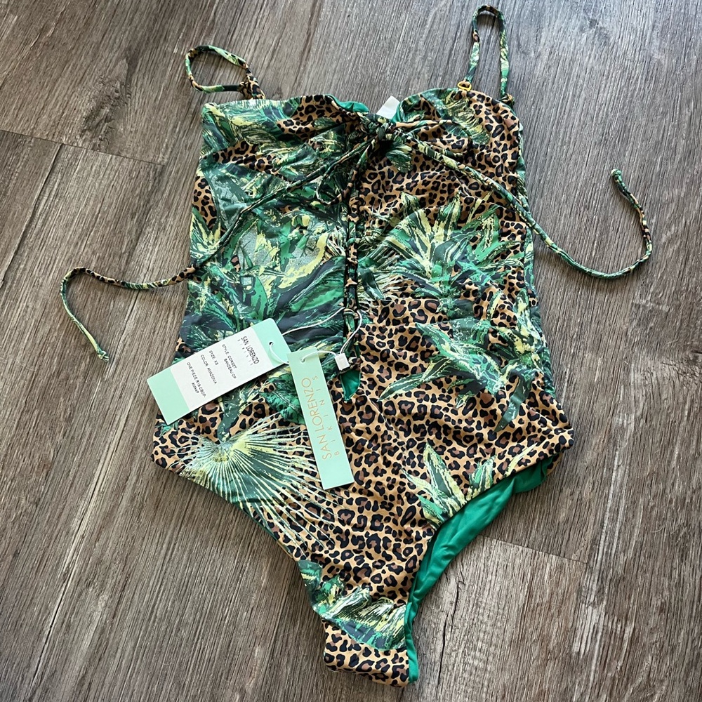 Adult Swim Leopard and Green Leaf Swimsuit ( style :  Corset Bandeau Op)
